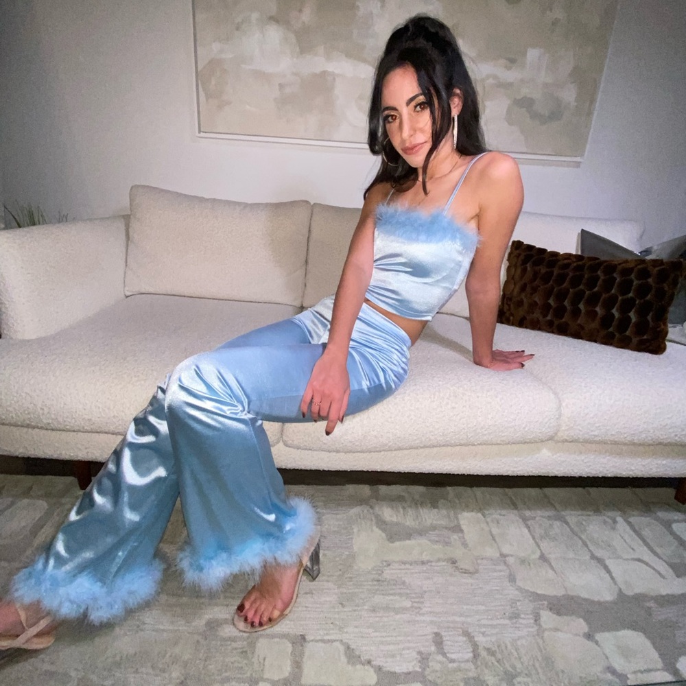 Baby blue feather trim two piece coord set - dolls kill